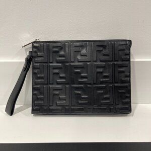 Fendi Vitello Grace Zucca Embossed FF 1974 Embossed Flat Pouch Black (JB1128)